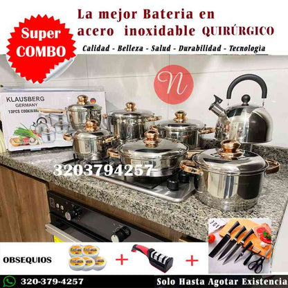 BATERIA EN ACERO INOXIDABLE QUIRÚRGICO ORO+ OBSEQUIOS DE LUJO