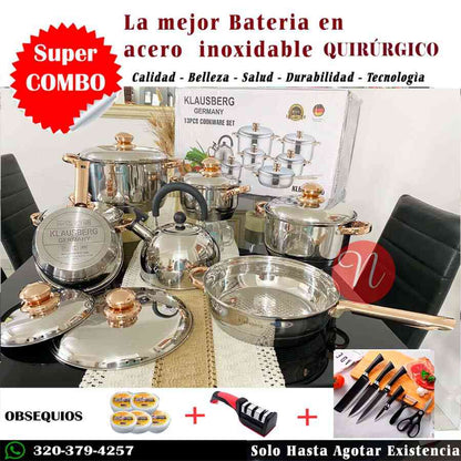 BATERIA EN ACERO INOXIDABLE QUIRÚRGICO ORO+ OBSEQUIOS DE LUJO