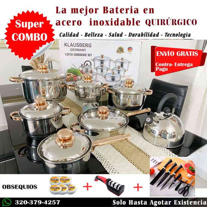 BATERIA EN ACERO INOXIDABLE QUIRÚRGICO ORO+ OBSEQUIOS DE LUJO