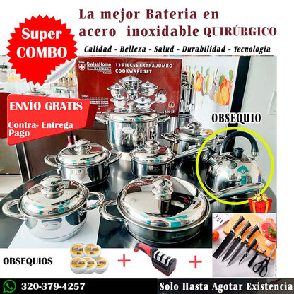 BATERIA  EN ACERO INOXIDABLE QUIRÚRGICO + OBSEQUIOS DE LUJO